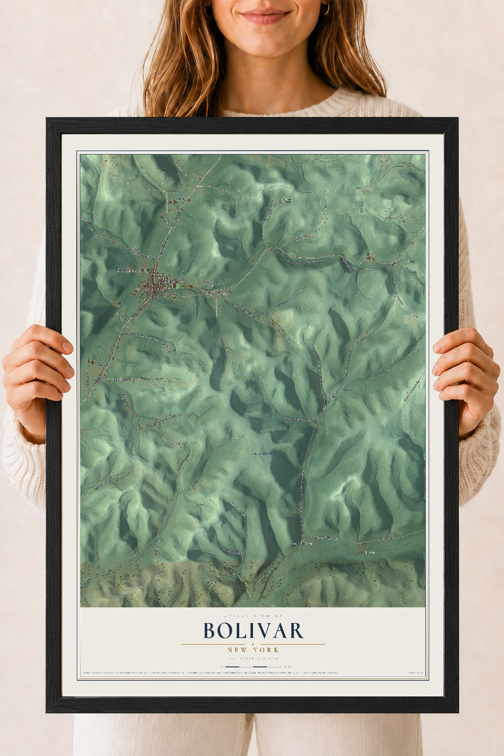 Bolivar, New York map print, 18" x 24" W/ Black Ayous Wood Frame mockup