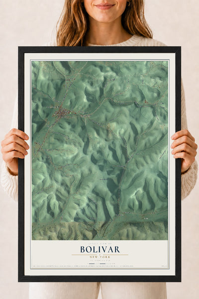 Bolivar, New York map print, 18" x 24" W/ Black Ayous Wood Frame mockup