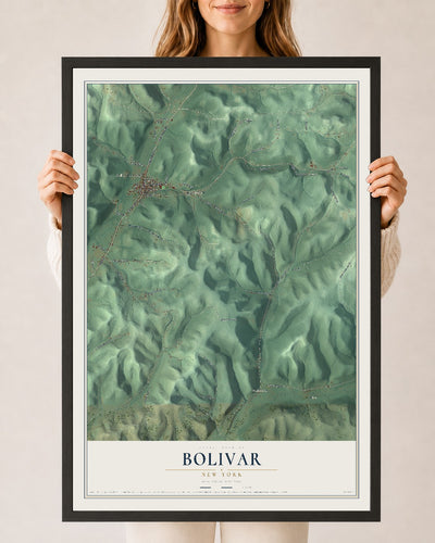 Bolivar, New York map print, 24" x 36" W/ Black Ayous Wood Frame mockup