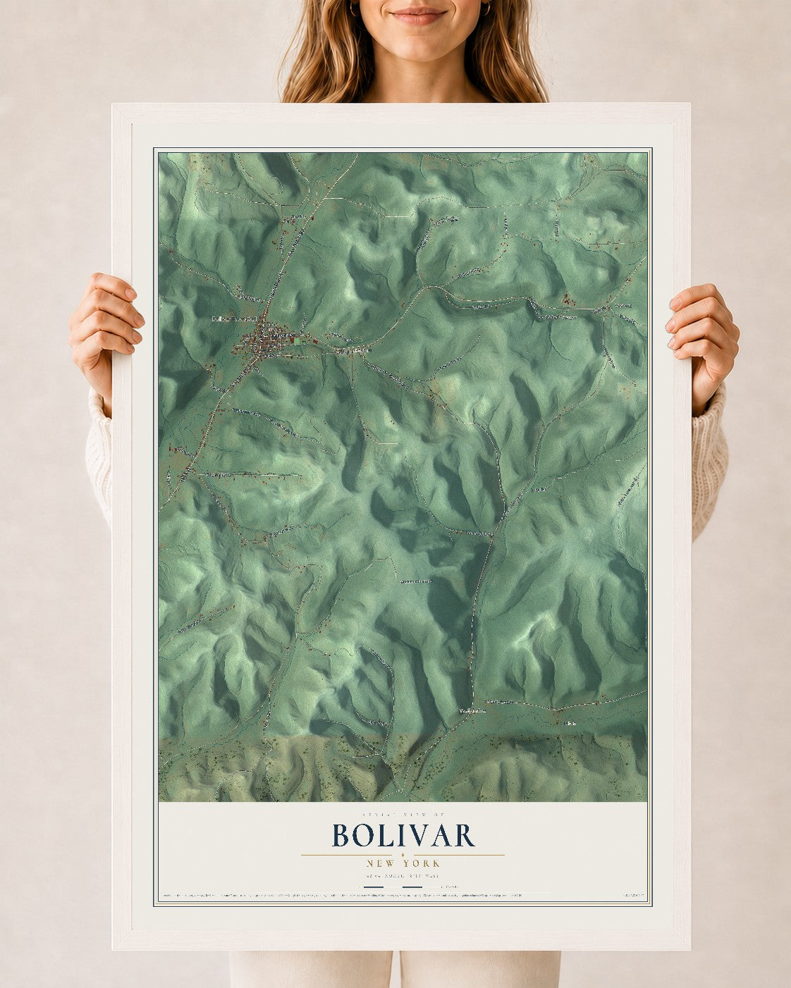Bolivar, New York map print, 24" x 36" W/ White Ayous Wood Frame mockup