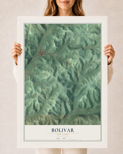 Bolivar, New York map print, 24" x 36" W/ White Ayous Wood Frame mockup