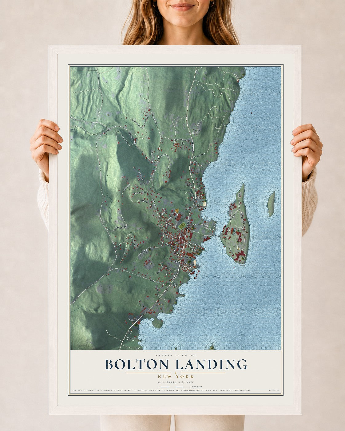 Bolton Landing, New York map print, 24" x 36" W/ White Ayous Wood Frame mockup