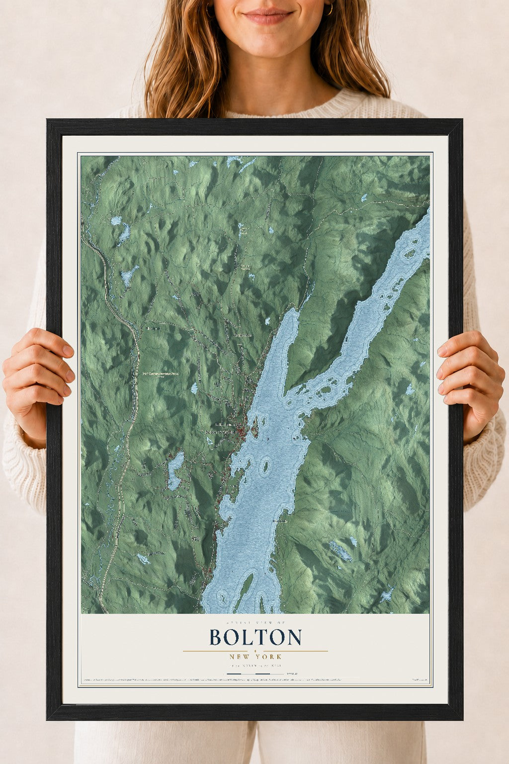 Bolton, New York map print, 18" x 24" W/ Black Ayous Wood Frame mockup