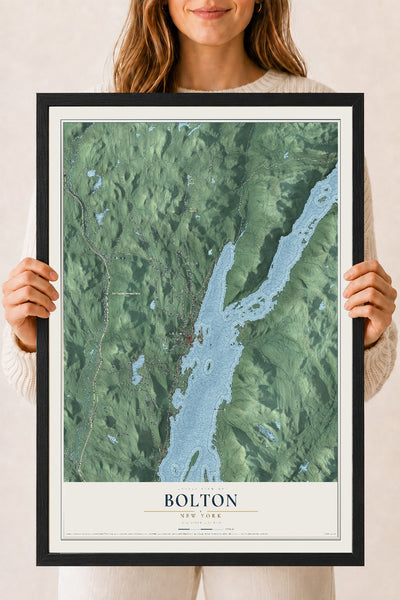 Bolton, New York map print, 18" x 24" W/ Black Ayous Wood Frame mockup