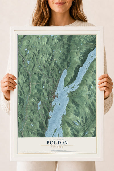 Bolton, New York map print, 18" x 24" W/ White Ayous Wood Frame mockup