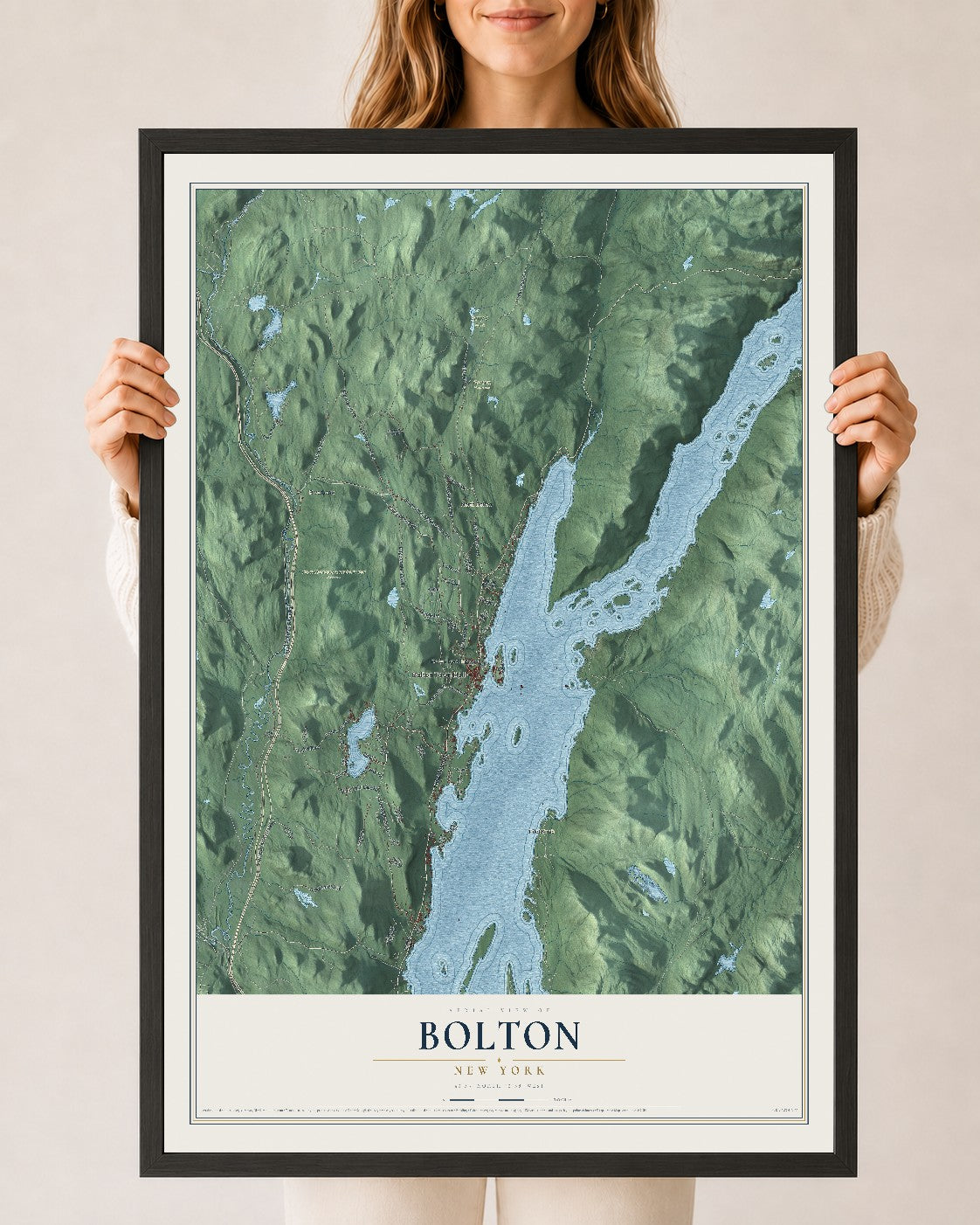 Bolton, New York map print, 24" x 36" W/ Black Ayous Wood Frame mockup