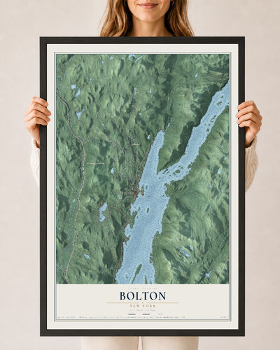 Bolton, New York map print, 24" x 36" W/ Black Ayous Wood Frame mockup