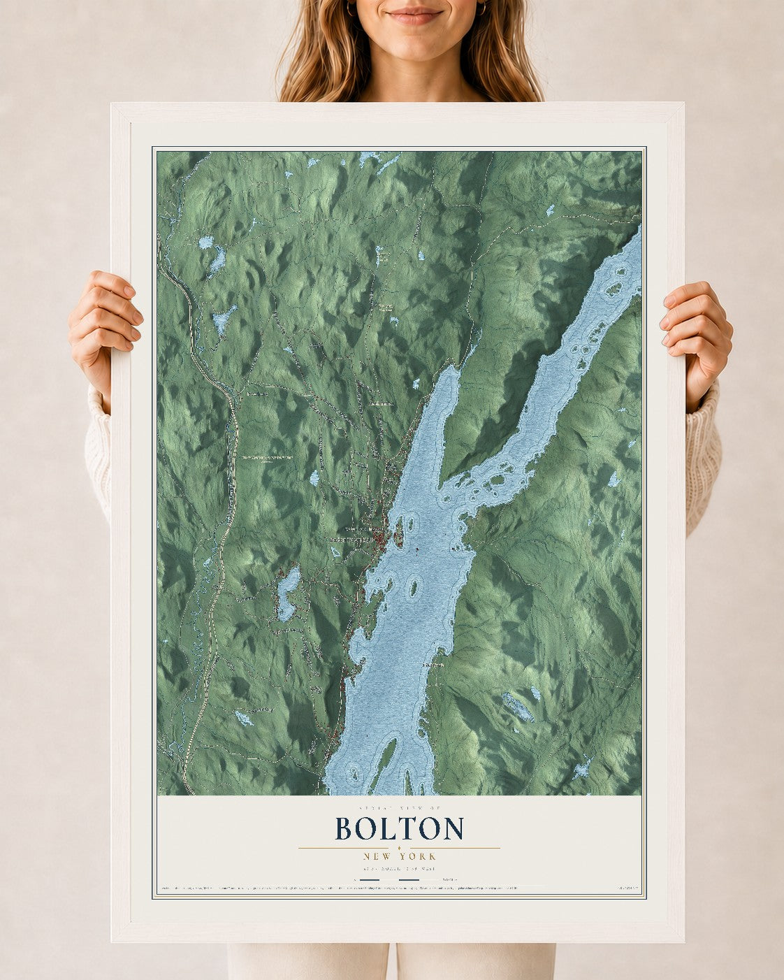 Bolton, New York map print, 24" x 36" W/ White Ayous Wood Frame mockup