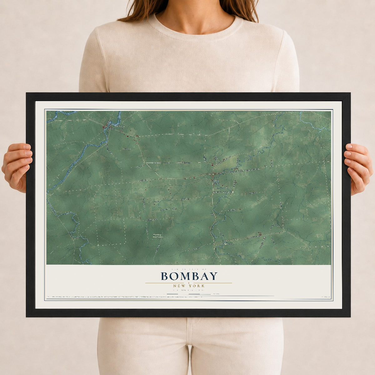 Bombay, New York map print, 12" x 18" W/ Black Ayous Wood Frame mockup