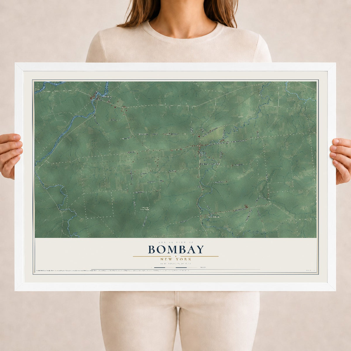 Bombay, New York map print, 18" x 24" W/ White Ayous Wood Frame mockup