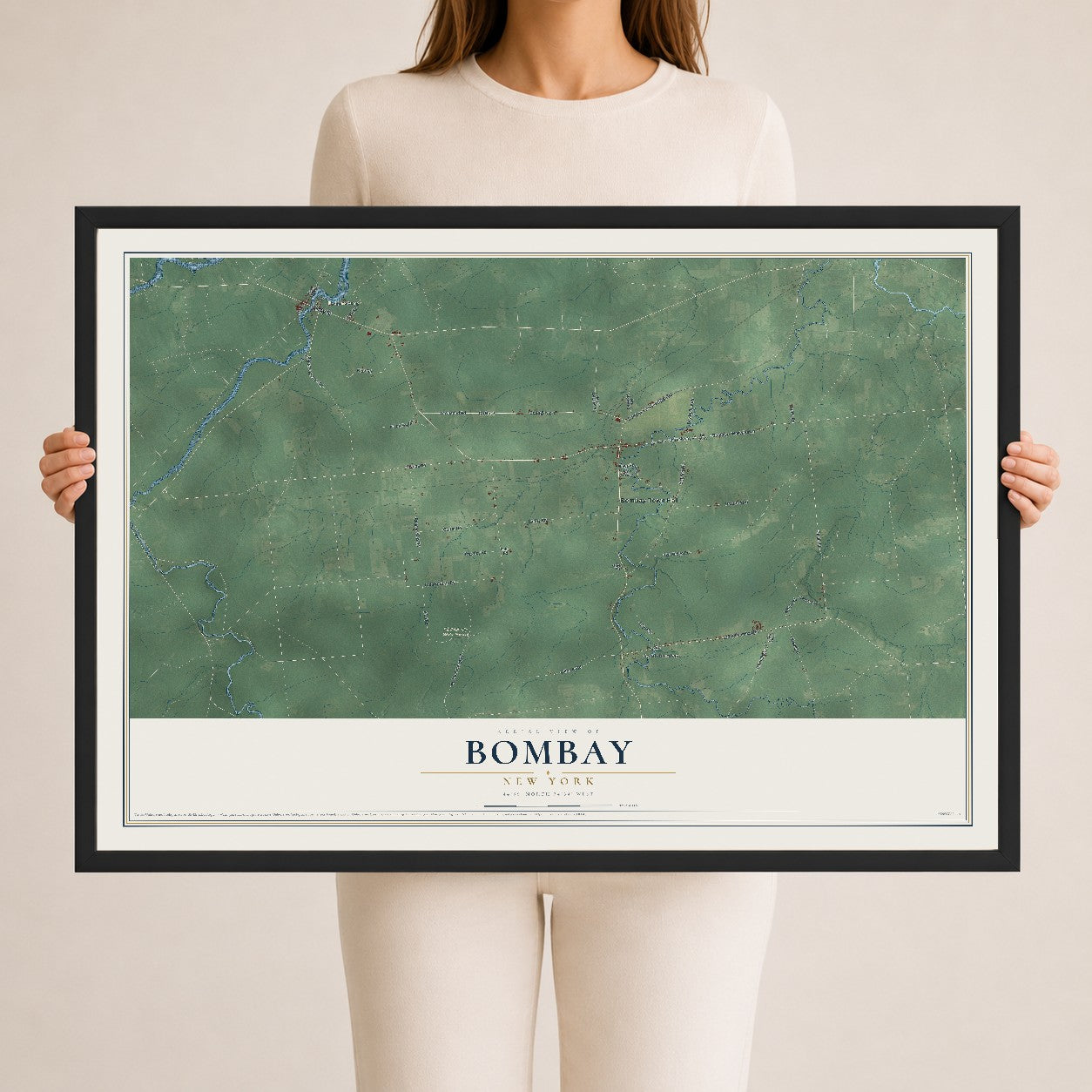 Bombay, New York map print, 24" x 36" W/ Black Ayous Wood Frame mockup