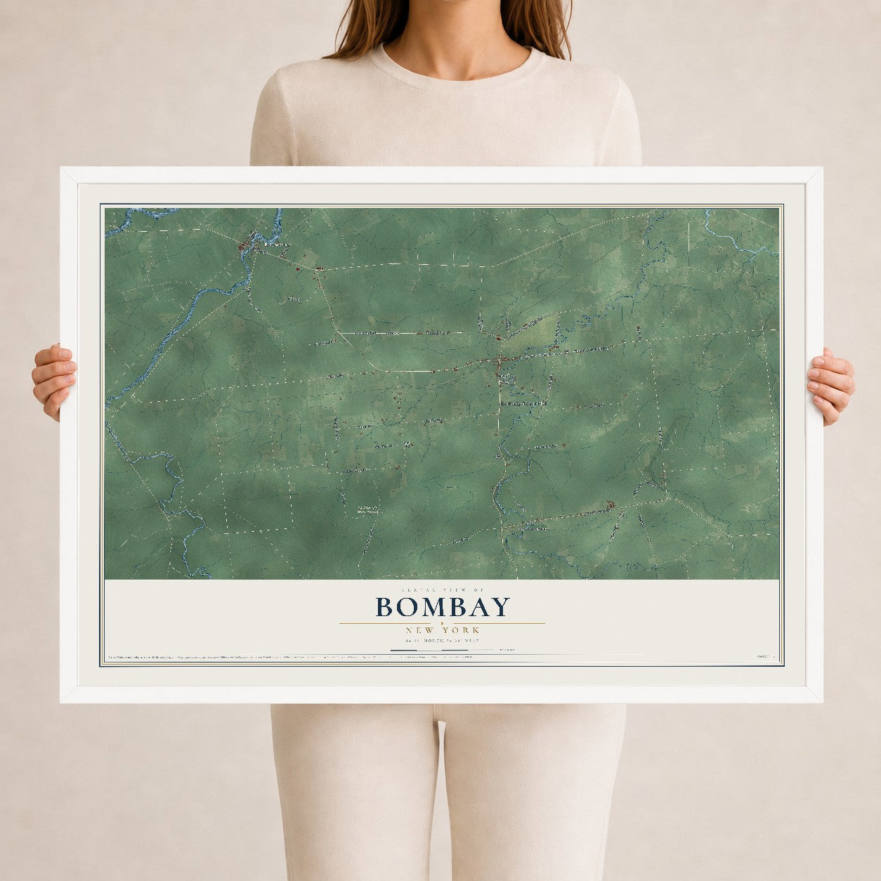 Bombay, New York map print, 24" x 36" W/ White Ayous Wood Frame mockup