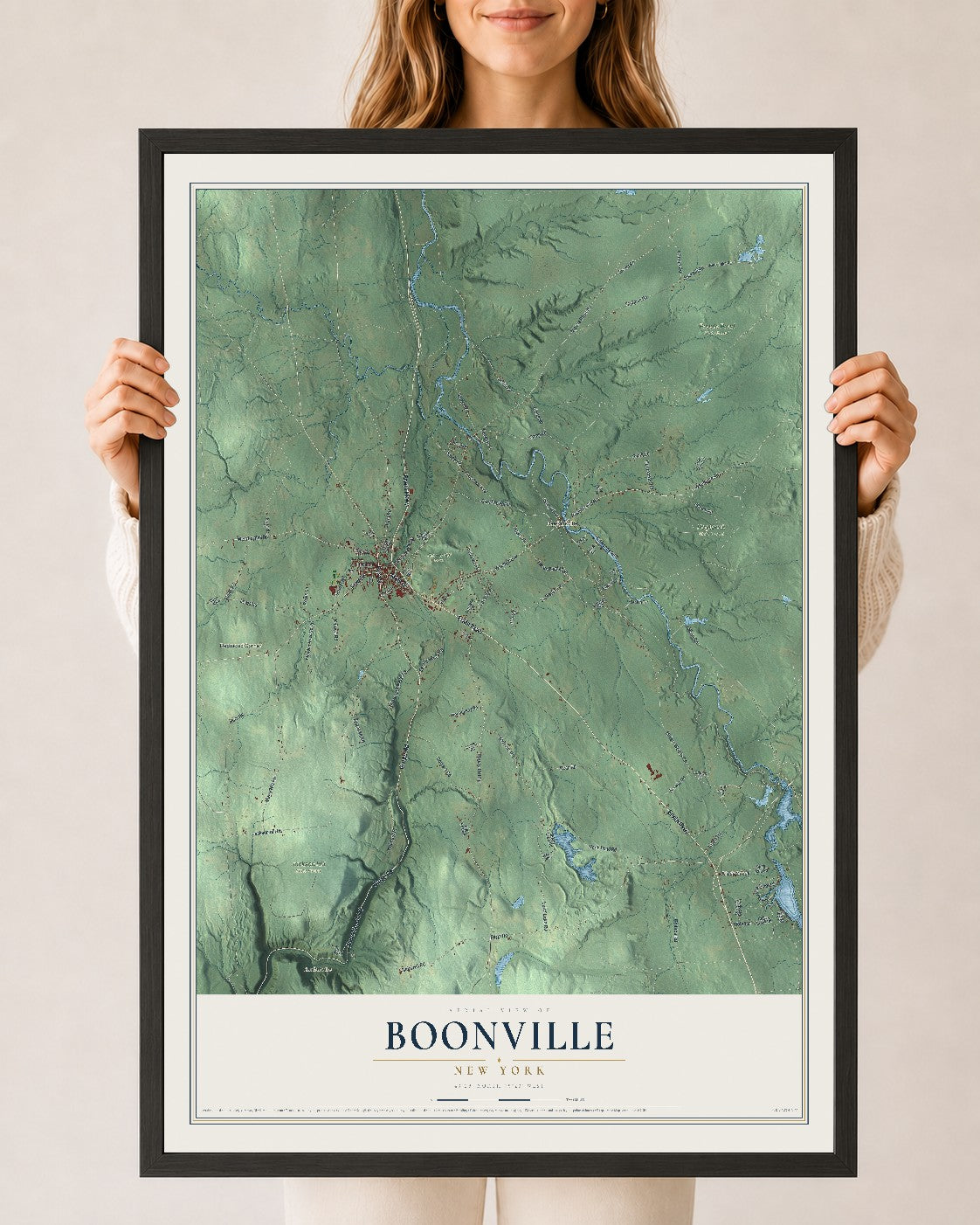 Boonville, New York map print, 24" x 36" W/ Black Ayous Wood Frame mockup
