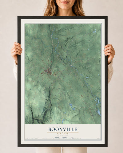 Boonville, New York map print, 24" x 36" W/ Black Ayous Wood Frame mockup