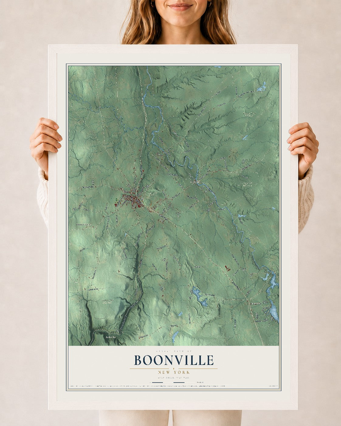 Boonville, New York map print, 24" x 36" W/ White Ayous Wood Frame mockup