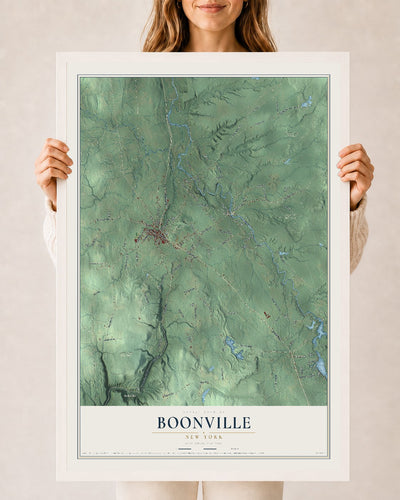 Boonville, New York map print, 24" x 36" W/ White Ayous Wood Frame mockup