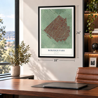 Borough Park, New York map, 18 x 24 inch print in a black frame in a home office