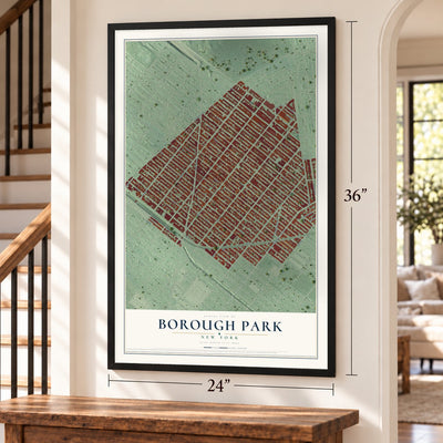 Borough Park, New York map, 24 x 36 inch print in a black frame by a staircase
