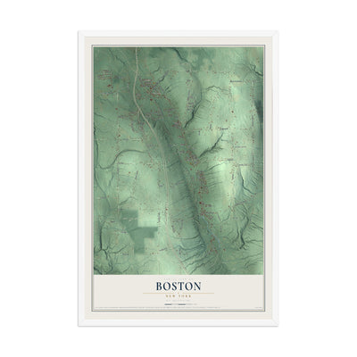 Boston, New York map print, 12" x 18" W/ White Ayous Wood Frame mockup