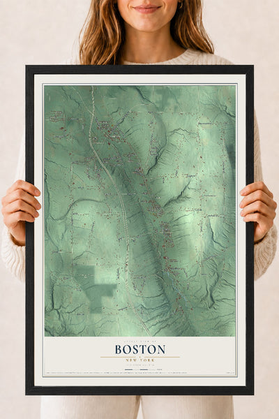 Boston, New York map print, 18" x 24" W/ Black Ayous Wood Frame mockup
