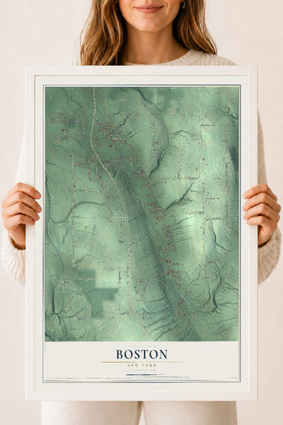Boston, New York map print, 18" x 24" W/ White Ayous Wood Frame mockup
