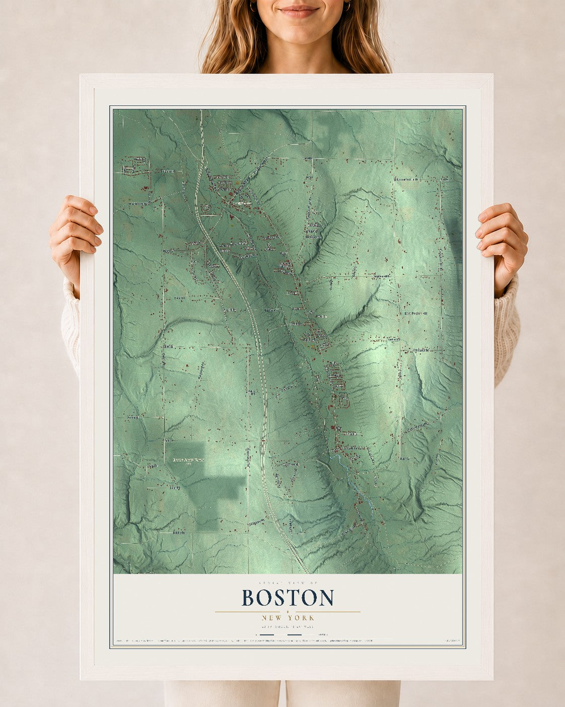 Boston, New York map print, 24" x 36" W/ White Ayous Wood Frame mockup