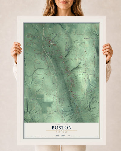 Boston, New York map print, 24" x 36" W/ White Ayous Wood Frame mockup