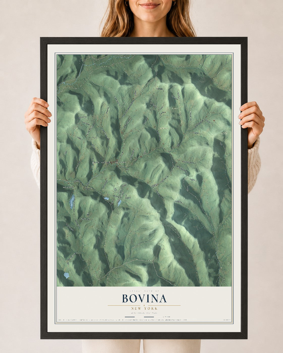 Bovina, New York map print, 24" x 36" W/ Black Ayous Wood Frame mockup