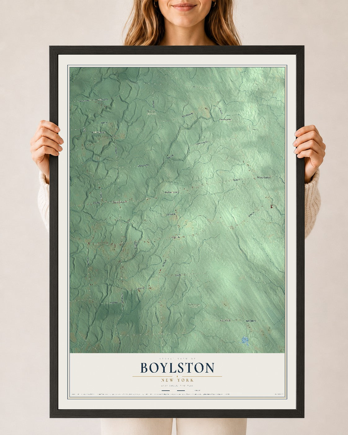 Boylston, New York map print, 24" x 36" W/ Black Ayous Wood Frame mockup
