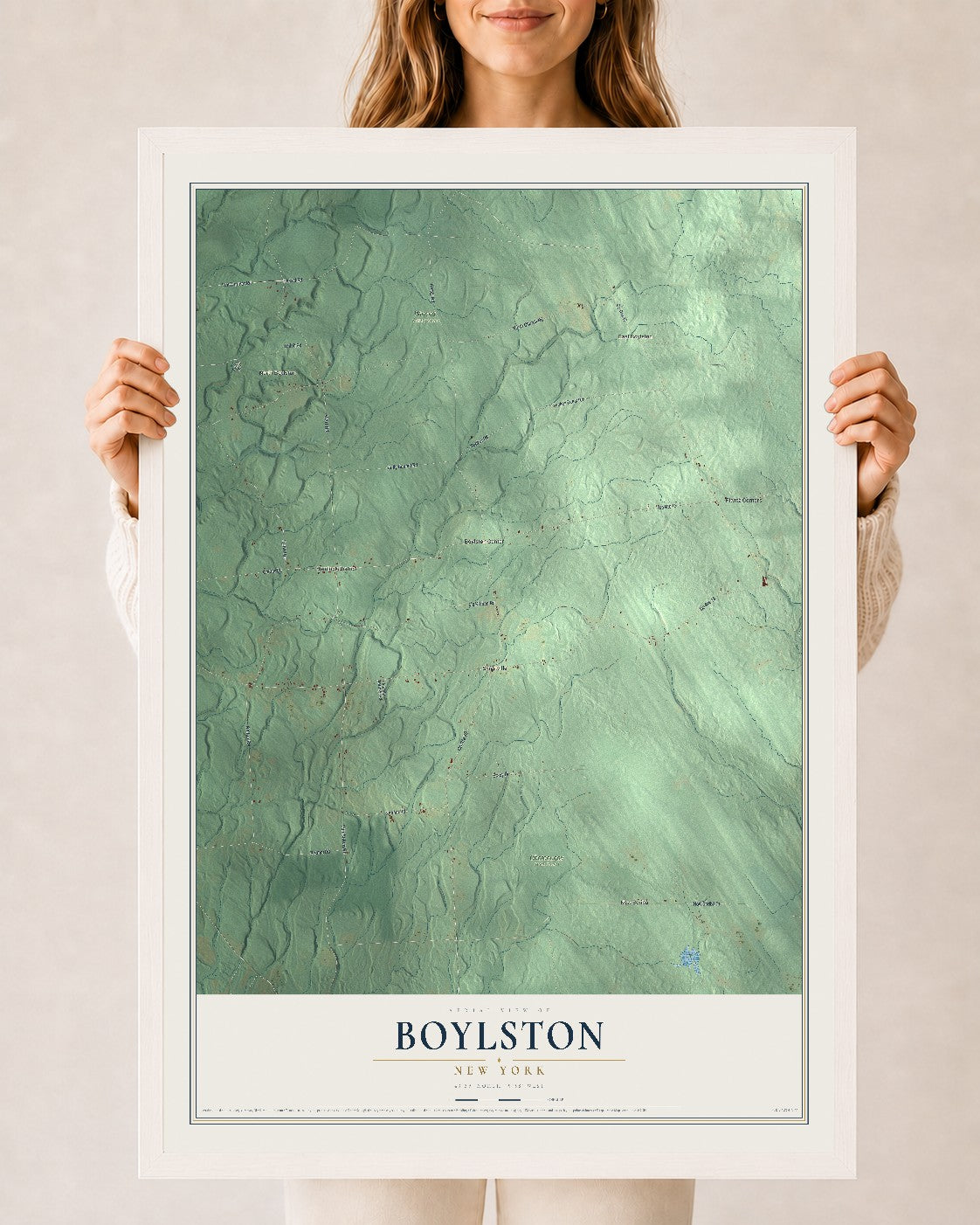 Boylston, New York map print, 24" x 36" W/ White Ayous Wood Frame mockup