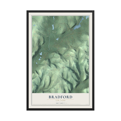 Bradford, New York map print, 12" x 18" W/ Black Ayous Wood Frame mockup
