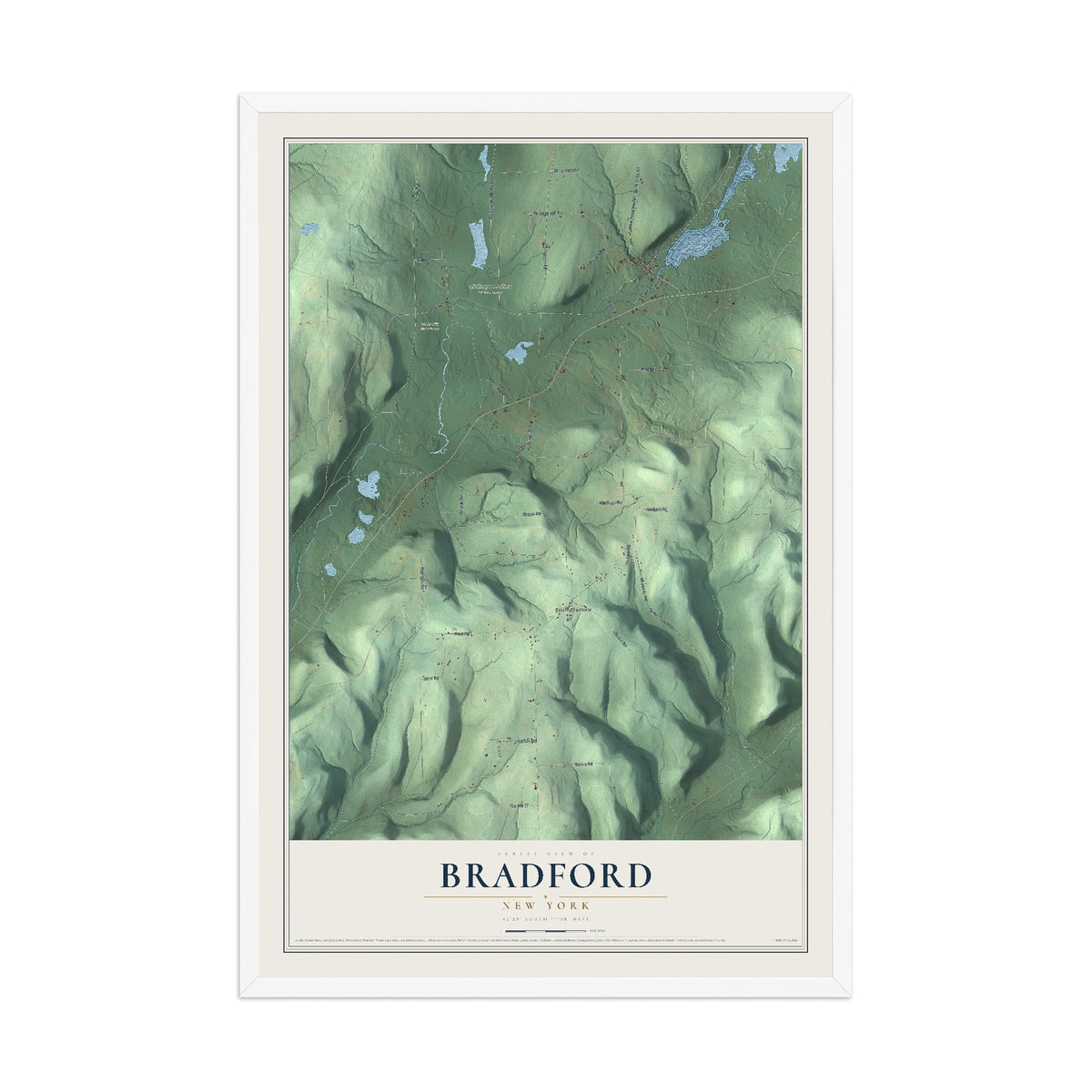Bradford, New York map print, 12" x 18" W/ White Ayous Wood Frame mockup