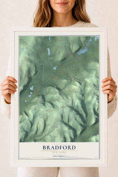Bradford, New York map print, 18" x 24" W/ White Ayous Wood Frame mockup