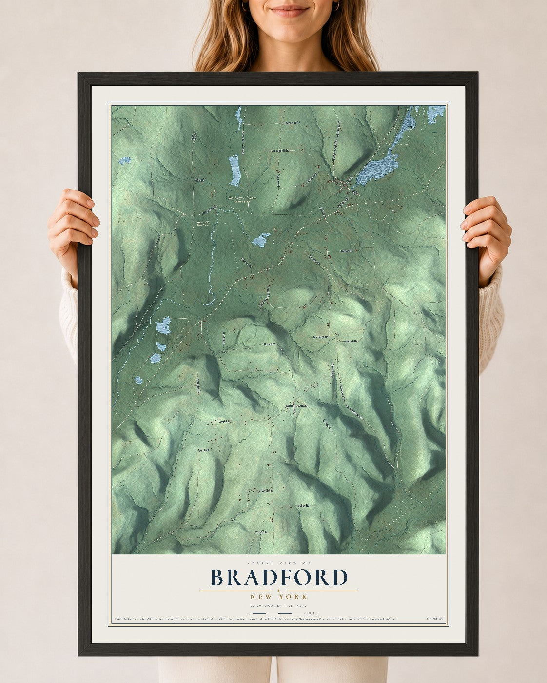 Bradford, New York map print, 24" x 36" W/ Black Ayous Wood Frame mockup