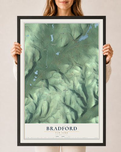 Bradford, New York map print, 24" x 36" W/ Black Ayous Wood Frame mockup