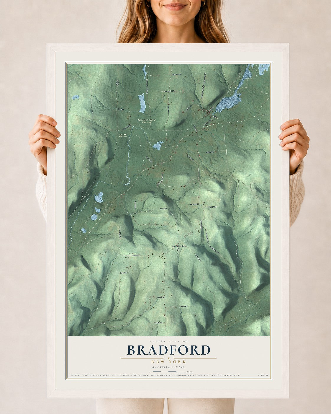 Bradford, New York map print, 24" x 36" W/ White Ayous Wood Frame mockup