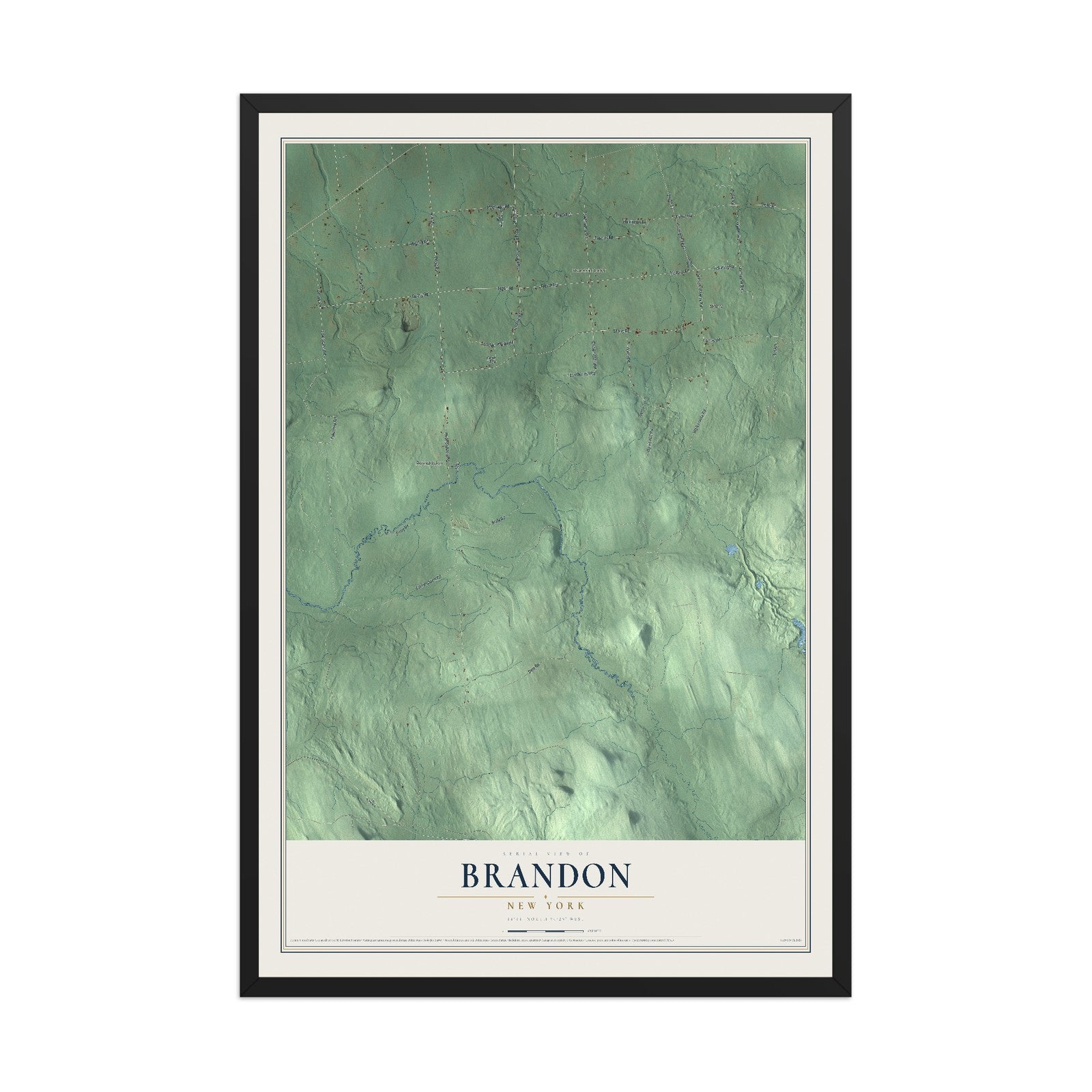 Brandon, New York map print, 12" x 18" W/ Black Ayous Wood Frame mockup