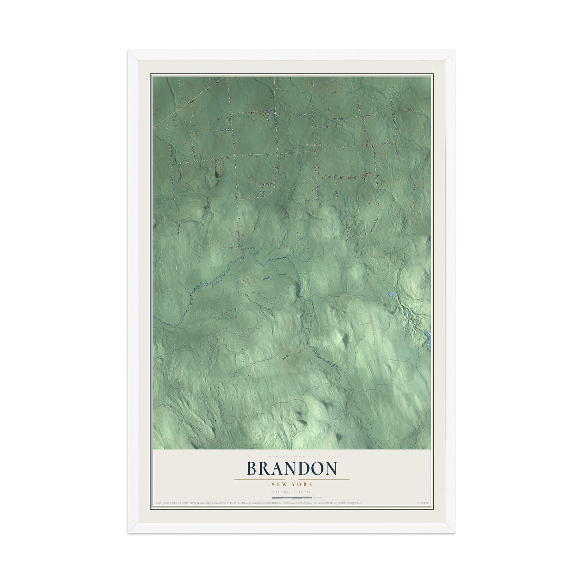 Brandon, New York map print, 12" x 18" W/ White Ayous Wood Frame mockup