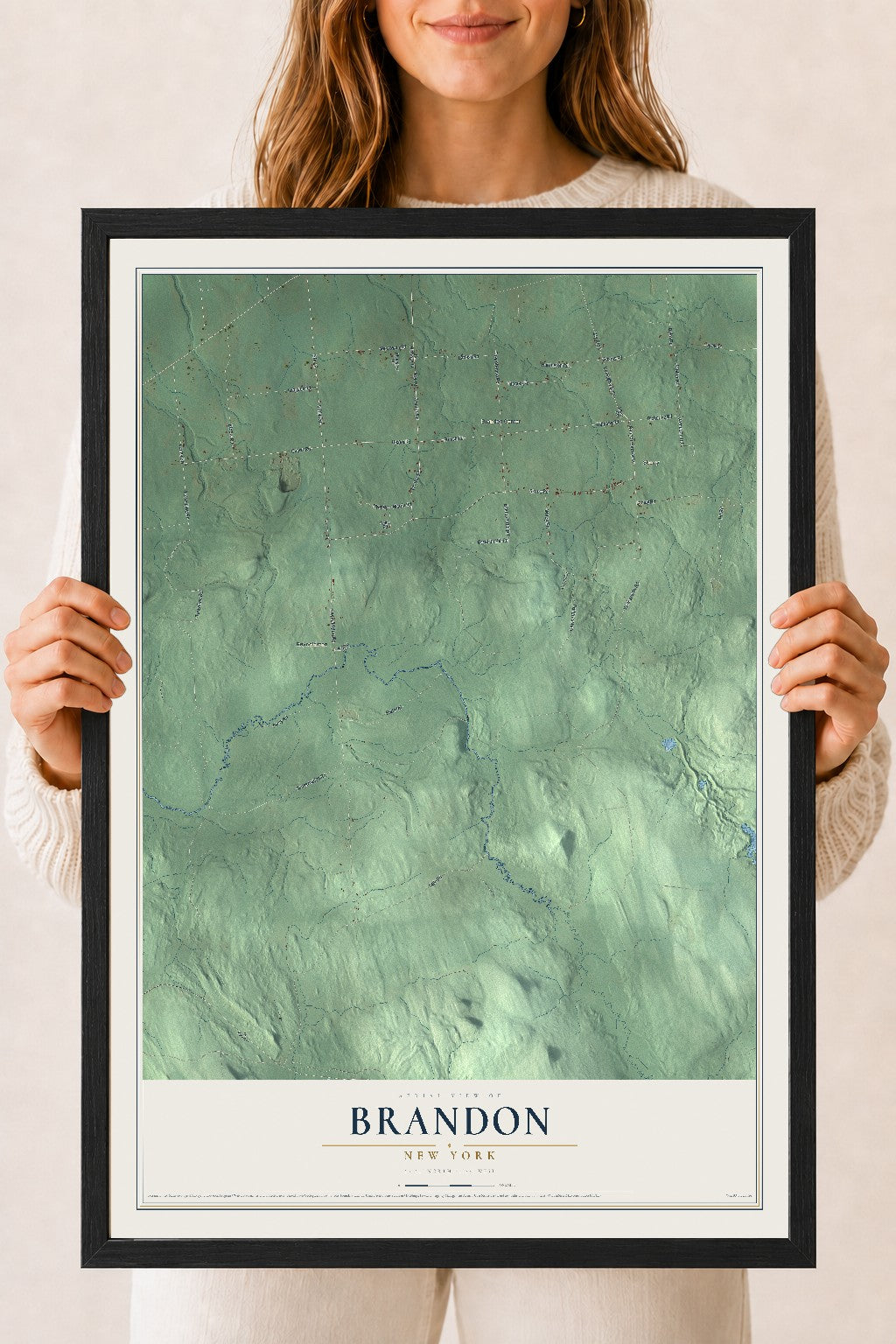 Brandon, New York map print, 18" x 24" W/ Black Ayous Wood Frame mockup
