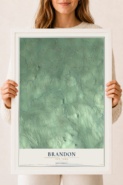 Brandon, New York map print, 18" x 24" W/ White Ayous Wood Frame mockup