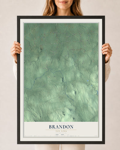 Brandon, New York map print, 24" x 36" W/ Black Ayous Wood Frame mockup