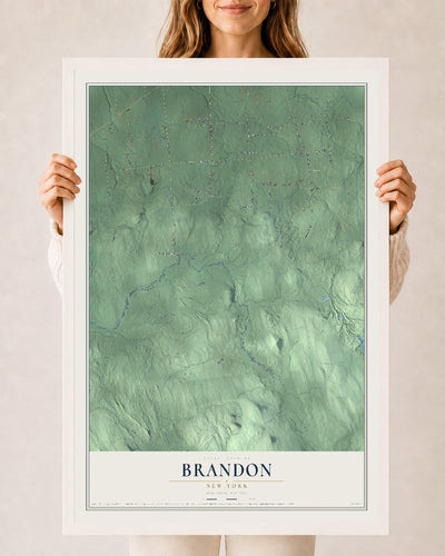 Brandon, New York map print, 24" x 36" W/ White Ayous Wood Frame mockup
