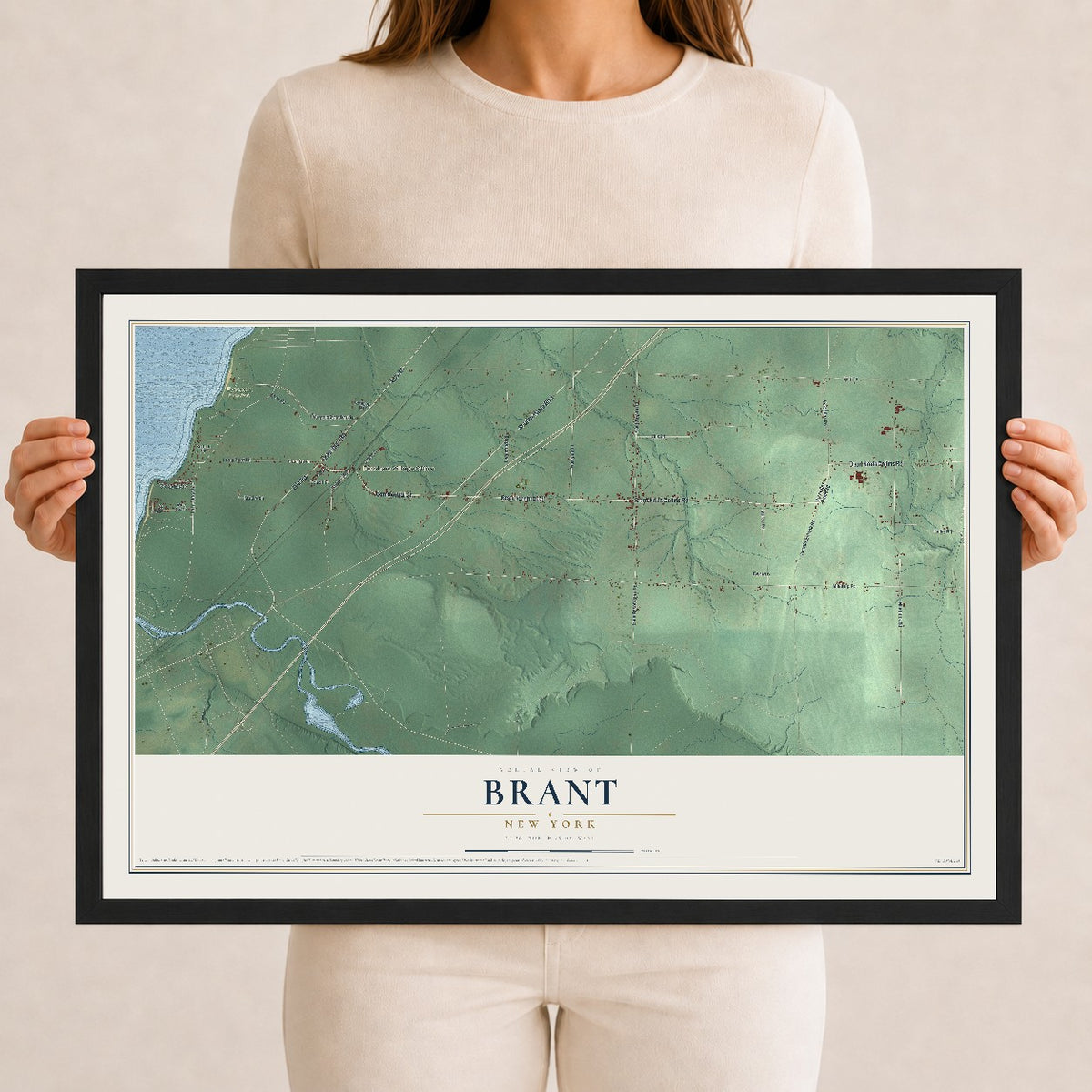 Brant, New York map print, 12" x 18" W/ Black Ayous Wood Frame mockup