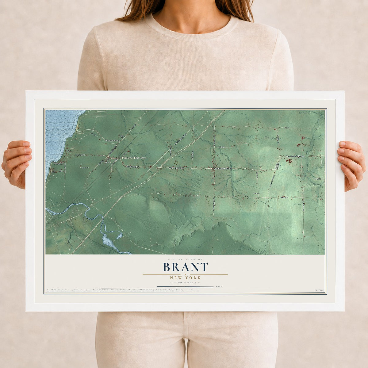 Brant, New York map print, 12" x 18" W/ White Ayous Wood Frame mockup