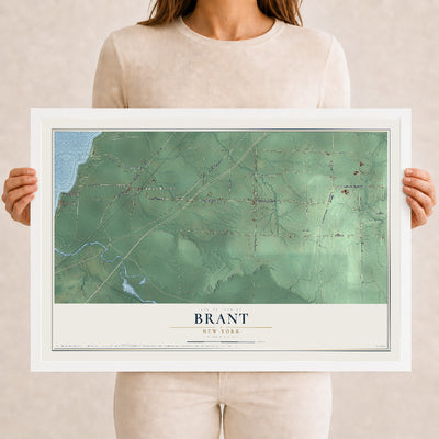 Brant, New York map print, 12" x 18" W/ White Ayous Wood Frame mockup