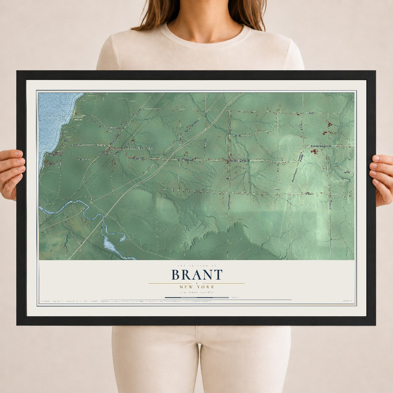Brant, New York map print, 18" x 24" W/ Black Ayous Wood Frame mockup