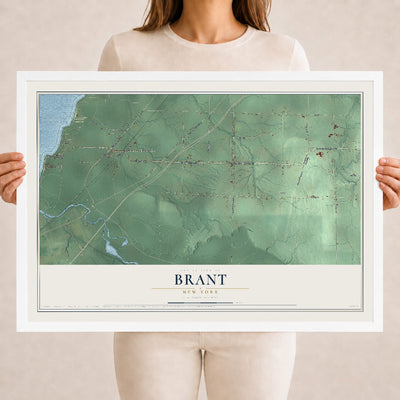 Brant, New York map print, 18" x 24" W/ White Ayous Wood Frame mockup