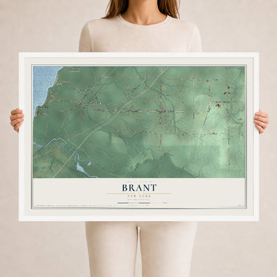 Brant, New York map print, 24" x 36" W/ White Ayous Wood Frame mockup