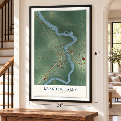 Brasher Falls, New York map, 24 x 36 inch print in a black frame by a staircase