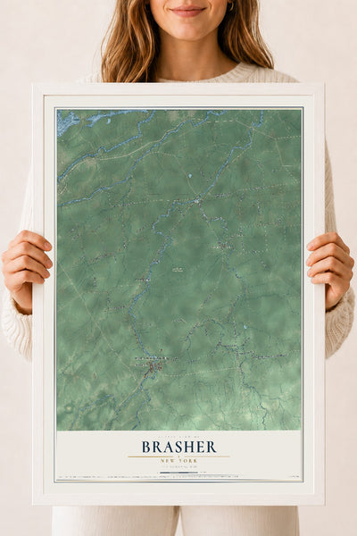 Brasher, New York map print, 18" x 24" W/ White Ayous Wood Frame mockup